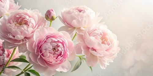 Soft pink peonies unfurl on a crisp white paper background, their delicate petals gently swaying in the breeze, against a subtle gradient of pastel hues , paper, garden scene