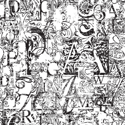 Abstract seamless pattern with chaotic layering of vintage letter elements floral ornament and handwriting text. Vector grunge background art in creative modern design. Suitable for wallpaper, wrappin