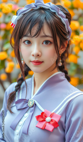 Young Asian Lady in Stunning Cosplay Outfit Radiating Joyful Energy