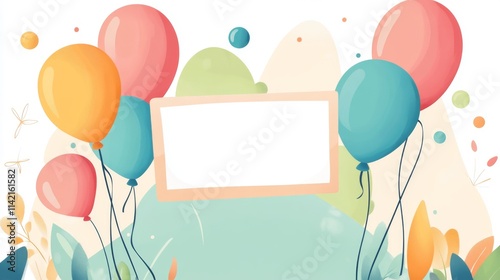 Vector illustration of a festive birthday celebration featuring colorful balloons, floating gold foil elements, and a blank sign for customizable messages, perfect for party invitations, event announc photo