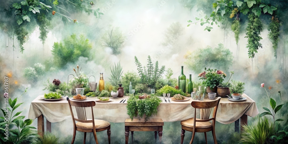 Obraz premium Misty watercolor painting of a table setting surrounded by culinary herbs and plants, herbalism