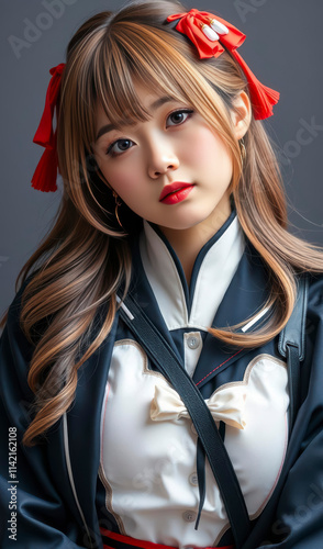 Asian Girl in Eye-Catching Cosplay Attire Posing with Cheerful Confidence