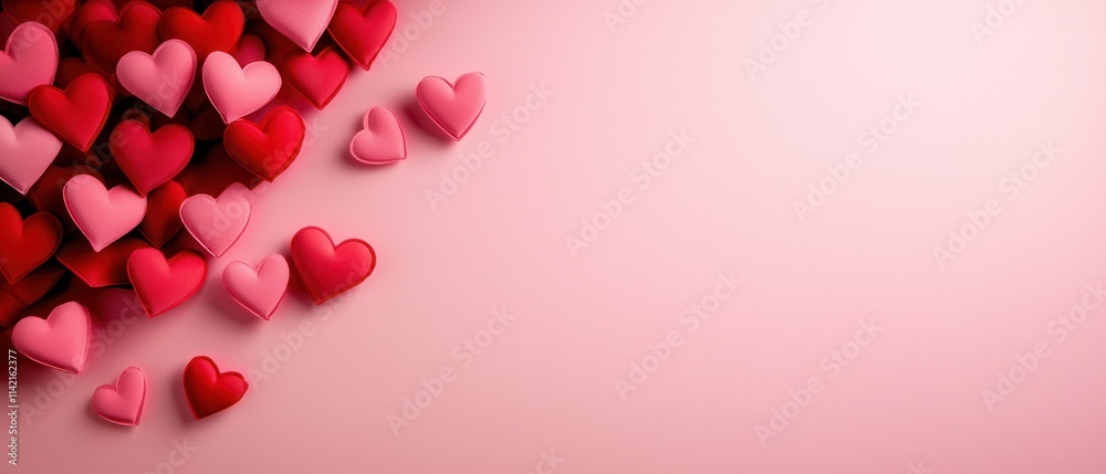 Clean and simple Valentine's Day background concept. Colorful hearts scattered on a soft pink background, symbolizing love and affection. Clean and simple Valentine's Day background concept. Colorful hearts scattered on a soft pink background, symbolizing love and affection.