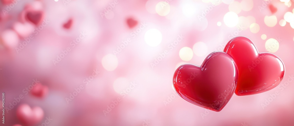 Clean and simple Valentine's Day background concept. Two glossy red hearts against a soft pink background with bokeh lights, evoking love and romance. Clean and simple Valentine's Day background concept. Two glossy red hearts against a soft pink background with bokeh lights, evoking love and romance.