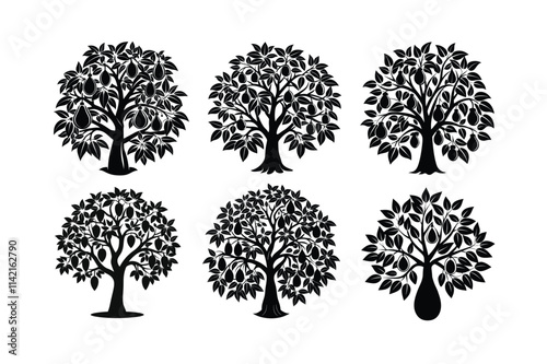 vector of Avocado Tree (Persea americana) design, labeled vector art, linocut silhouette illustration.