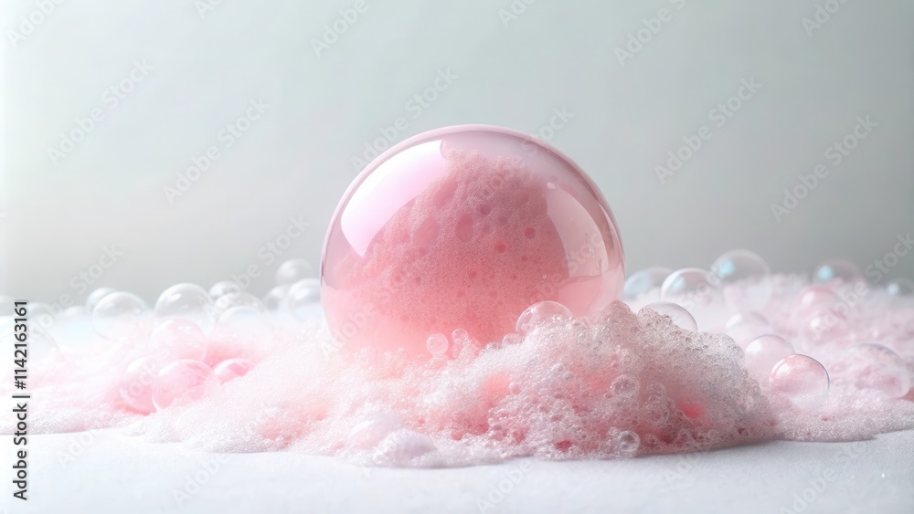 Soapy pink bubble isolated on white background with a few scattered soap flakes Soapy pink bubble isolated on white background with a few scattered soap flakes