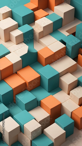 Abstract cubic minimalist background with sharp geometric blocks, mix of Teal, Burnt Orange, Soft Beige