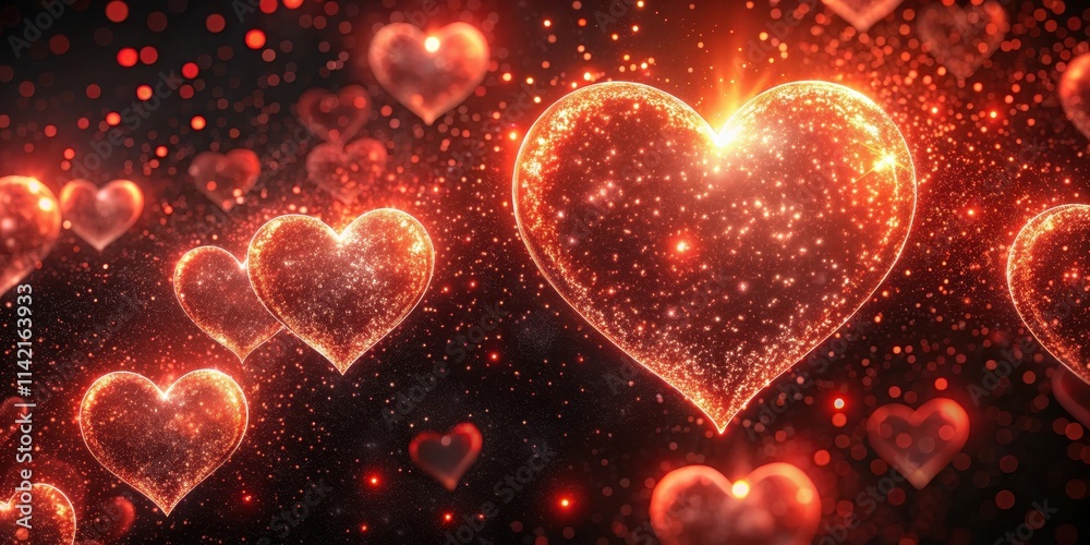 A group of glowing red heart-shaped particles floating in space , space, cosmic,  space, cosmic