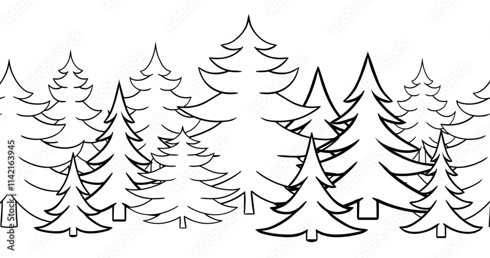 Obraz premium Black silhouettes of pine trees seamless border on white background. Set of park, forest, landscape elements. Graphic line stock vector.
