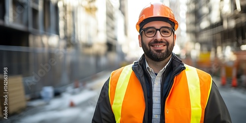 Structural engineer standing confidently in a construction zone, overseeing building progress photo