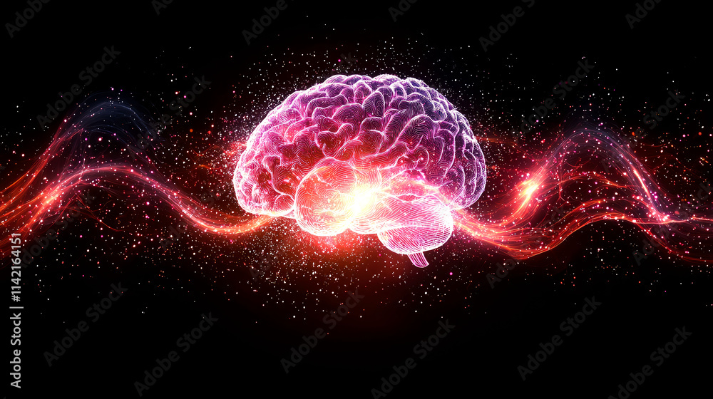 Obraz premium Glowing brain with energy waves.