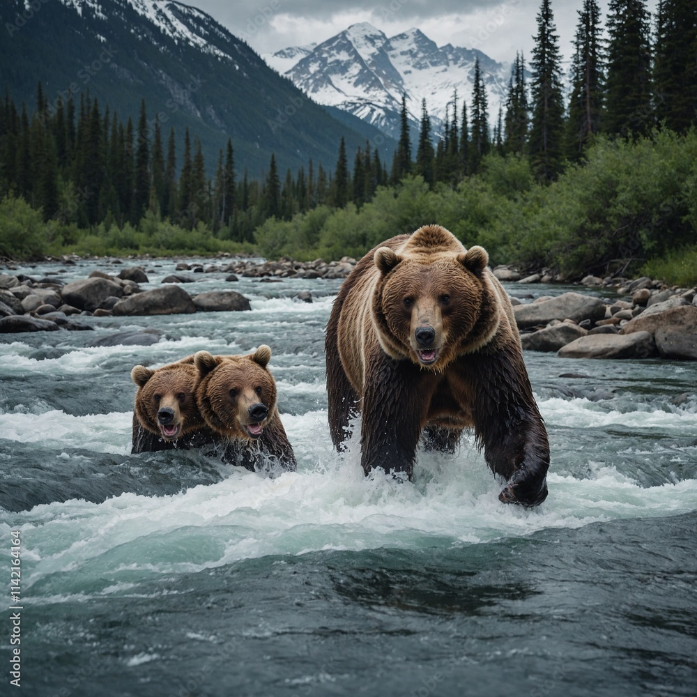 A grizzly bear catching a fish in a rushing river against the backdrop of snow-capped mountains. A grizzly bear catching a fish in a rushing river against the backdrop of snow-capped mountains.