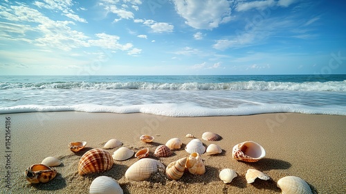 Seashells scattered on sunny beach with waves approaching