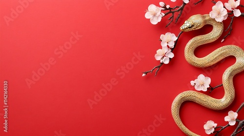 Beautiful golden snake on red background with cherry blossom flowers and asian lanterns. Happy Chinese Lunar New Year 2025. Snake zodiac sign, horoskope. Top view, flat lay with copy space photo