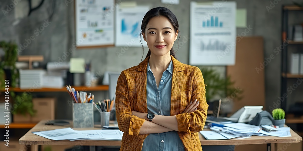 South Korean female accountant standing proudly in front of a desk with financial documents South Korean female accountant standing proudly in front of a desk with financial documents