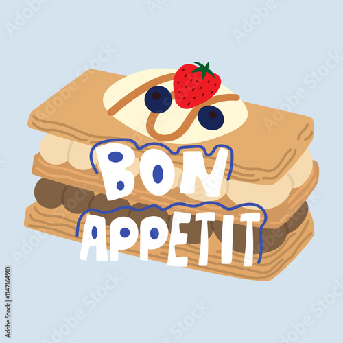 Bon appetite. French pastries for bakery menu design. Bakery food set. Retro cute stickers for bakery and coffee shops. French croissant, bagel, sandwich, toast with poached egg, millefeuille
