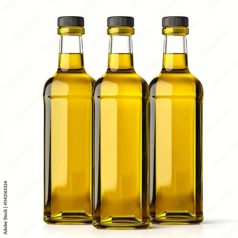 Three glass bottles are standing next to each other with olive oil inside on a white background Three glass bottles are standing next to each other with olive oil inside on a white background