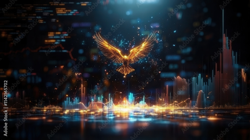 Obraz premium golden eagle soaring above glowing stock market graph, symbolizing growth and success