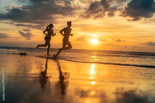 Silhouette of a couple Running on the beach at sunset, with the ocean waves lapping at their feet