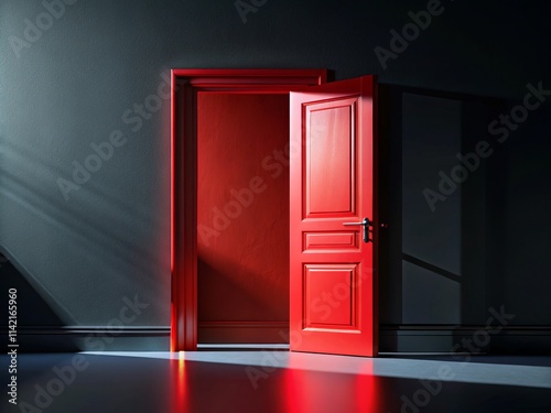 Surreal Red Doorway 3D Render - Mysterious Black Room,  Eye-Level View, Abstract Art