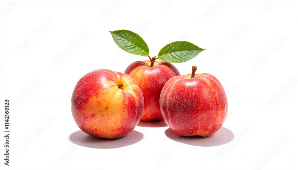 Fresh red apples with green leaves on a white background, copy space, trend, the best Fresh red apples with green leaves on a white background, copy space, trend, the best
