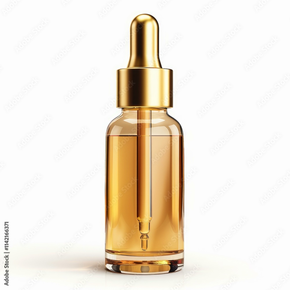 Glass dropper bottle with golden cap filled with essential oil or serum for beauty treatment, standing on white background Glass dropper bottle with golden cap filled with essential oil or serum for beauty treatment, standing on white background