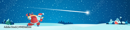 A cheerful Santa Claus walks through a snowy landscape, carrying gifts, while a bright shooting star illuminates the night sky above a cozy village.