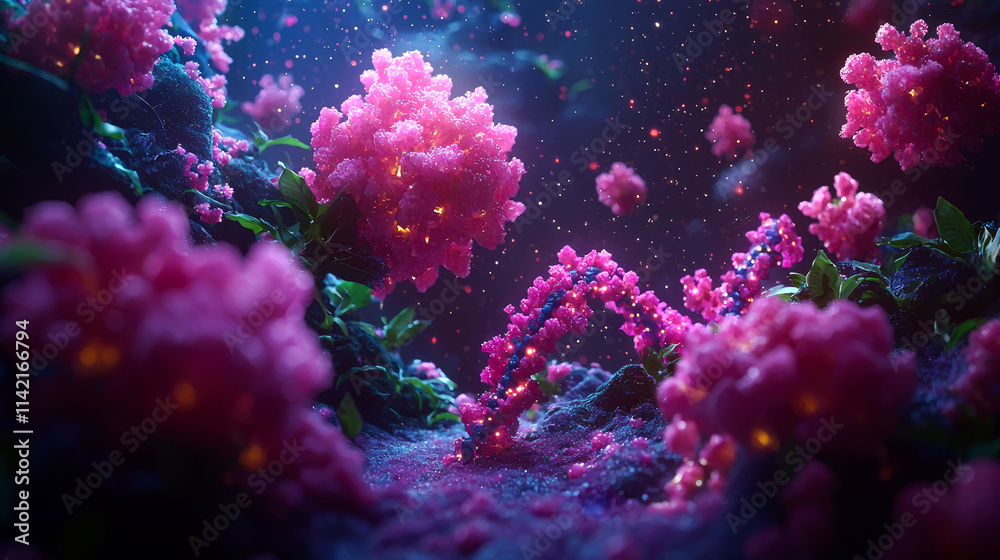 Fototapeta premium Glowing pink flowers in dark, fantasy landscape.