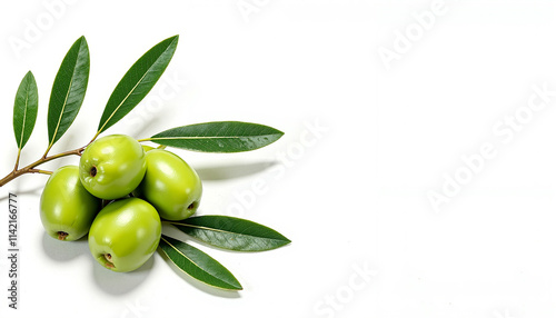 Wallpaper Mural Fresh green olives with leaves on a white background, healthy, Mediterranean, natural concept, copy space Torontodigital.ca