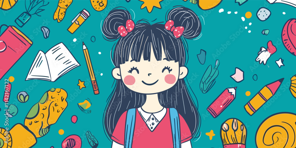 Girl is smiling and is surrounded by many school supplies Girl is smiling and is surrounded by many school supplies