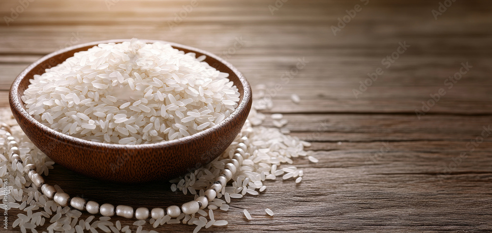A wooden bowl filled with uncooked rice sits on a rustic wooden surface, surrounded by scattered grains. ZAKAT donation for Muslim according to religious principles during the Ramadan month, A wooden bowl filled with uncooked rice sits on a rustic wooden surface, surrounded by scattered grains. ZAKAT donation for Muslim according to religious principles during the Ramadan month,
