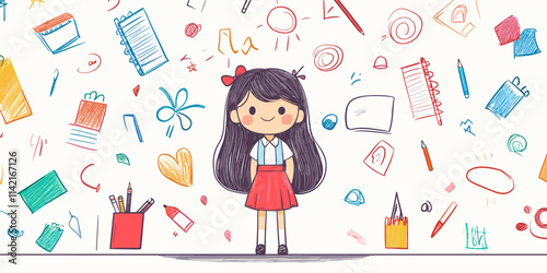 Girl is standing in front of a wall with a lot of drawings and writing