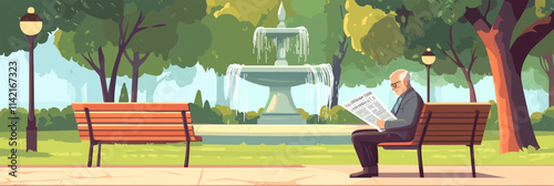 An older man is sitting on a bench reading a newspaper