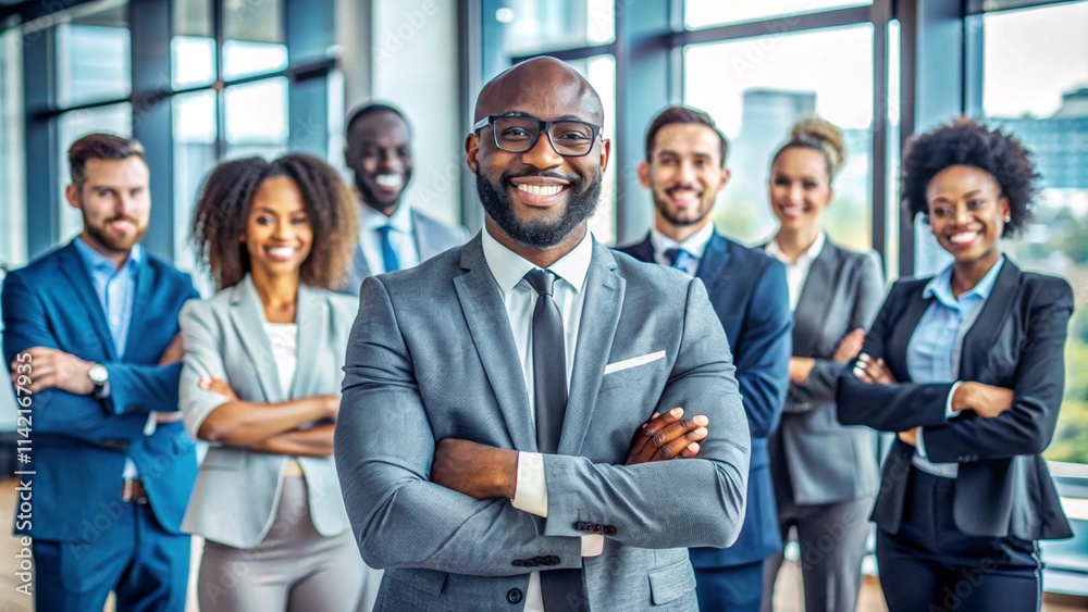 Successful African American CEO leading diverse team in modern office, confident businessman with folded hands overseeing joyful professional group
Successful African American CEO leading diverse team in modern office, confident businessman with folded hands overseeing joyful professional group