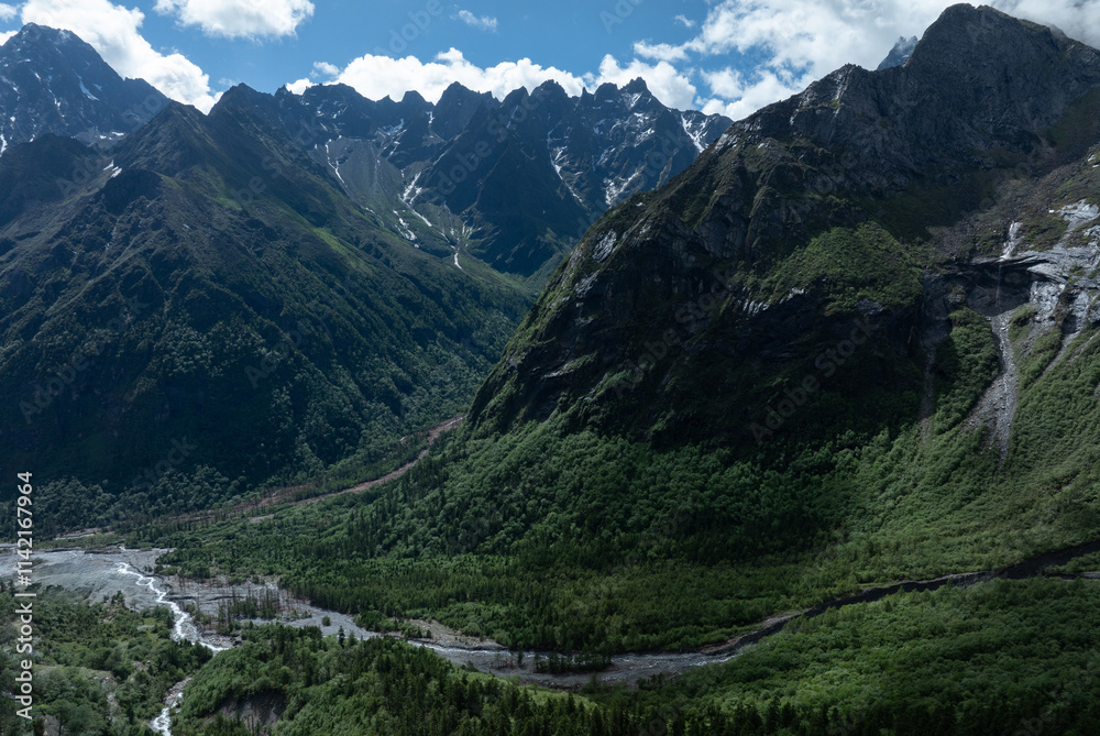 Aerial view of beautiful high altitude snow capped mountain and forest landscape