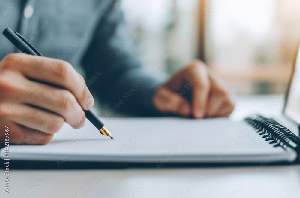 Close-up of Hand Holding Pen Writing on Blank Notebook Page Close-up of Hand Holding Pen Writing on Blank Notebook Page