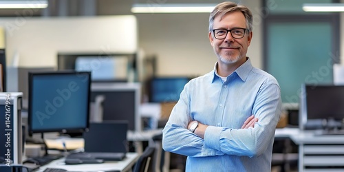Portrait of a statistician standing proudly in a research office