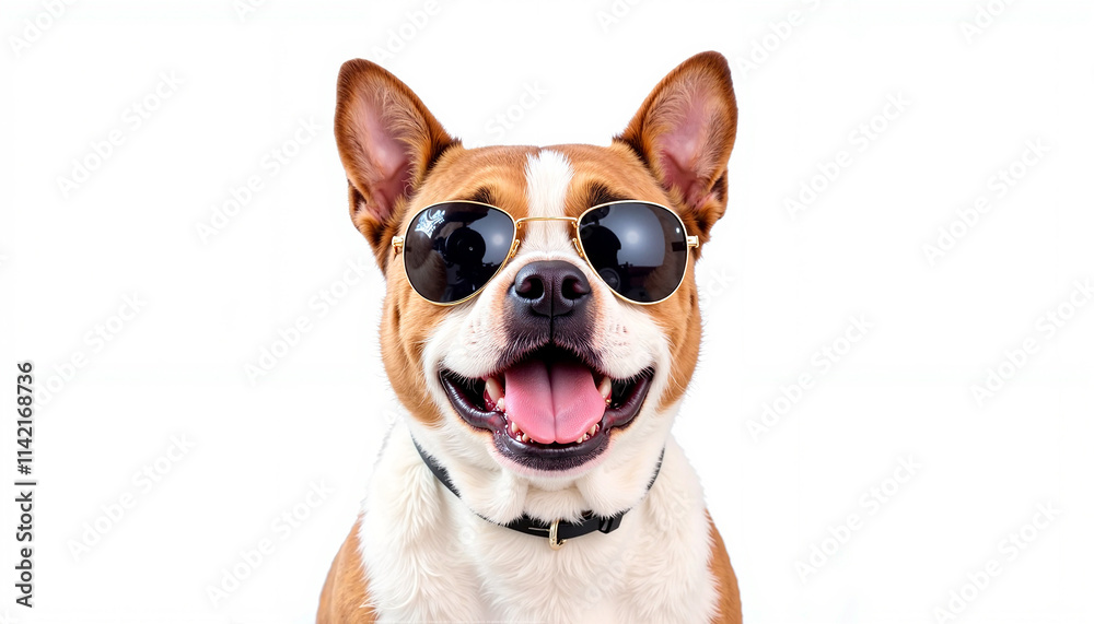 Happy dog wearing sunglasses smiling cheerfully on a white background for copy space and trend concept Happy dog wearing sunglasses smiling cheerfully on a white background for copy space and trend concept