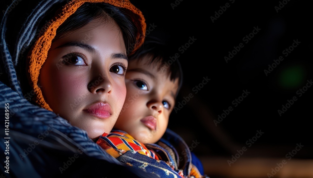 A close-up portrait of a woman holding a child in a dimly lit environment. A close-up portrait of a woman holding a child in a dimly lit environment.