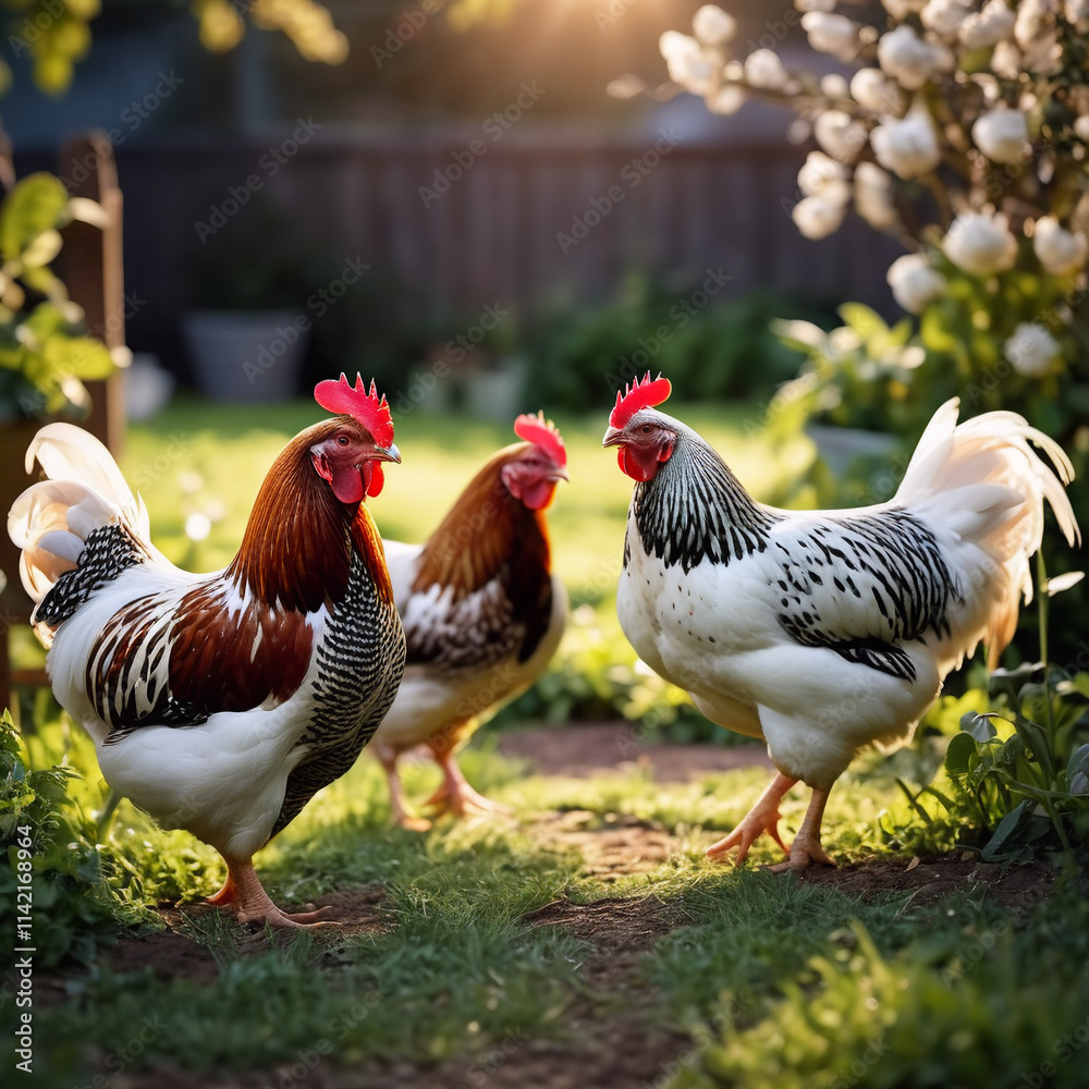 Fototapeta premium Nutztiere - Hühnerhof in blühendem Bauerngarten