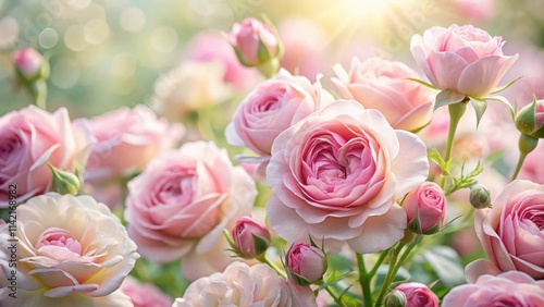 Softly blooming pink roses fill the frame with delicate petals and gentle hues of pastel pink, against a subtle white background , romantic landscape , garden backdrop
