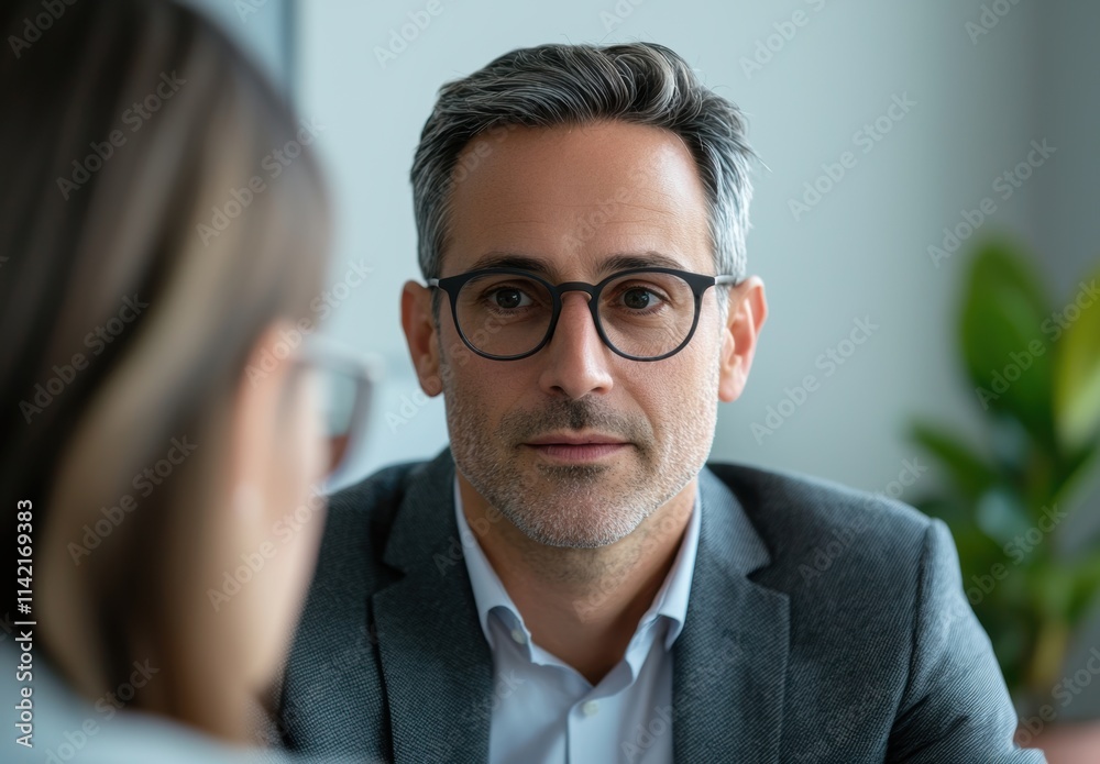 Thoughtful man in eyeglasses engaged in professional conversation