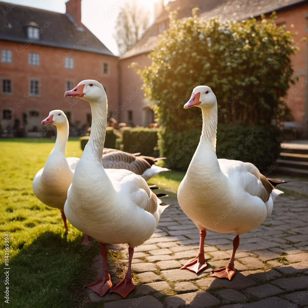 Nutztiere - Weiße Gänse im sonnigen Hofbereich Nutztiere - Weiße Gänse im sonnigen Hofbereich