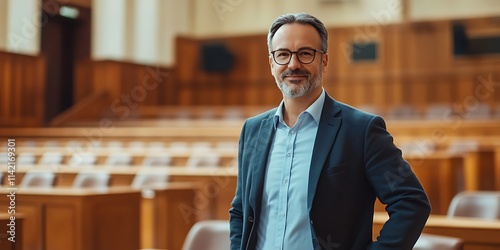 Portrait of a confident male lawyer standing in a courtroom setting, smiling and looking directly at the camera