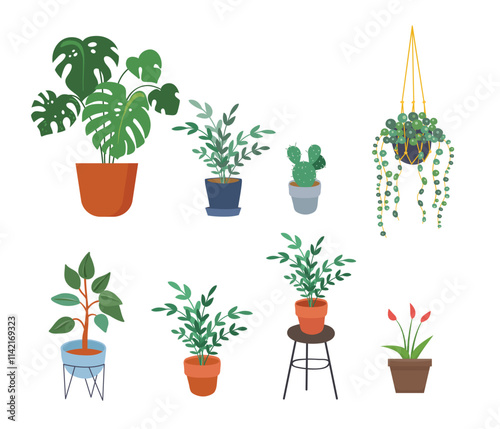 Houseplants for interior home decoration, green plant in flowerpot stock illustration