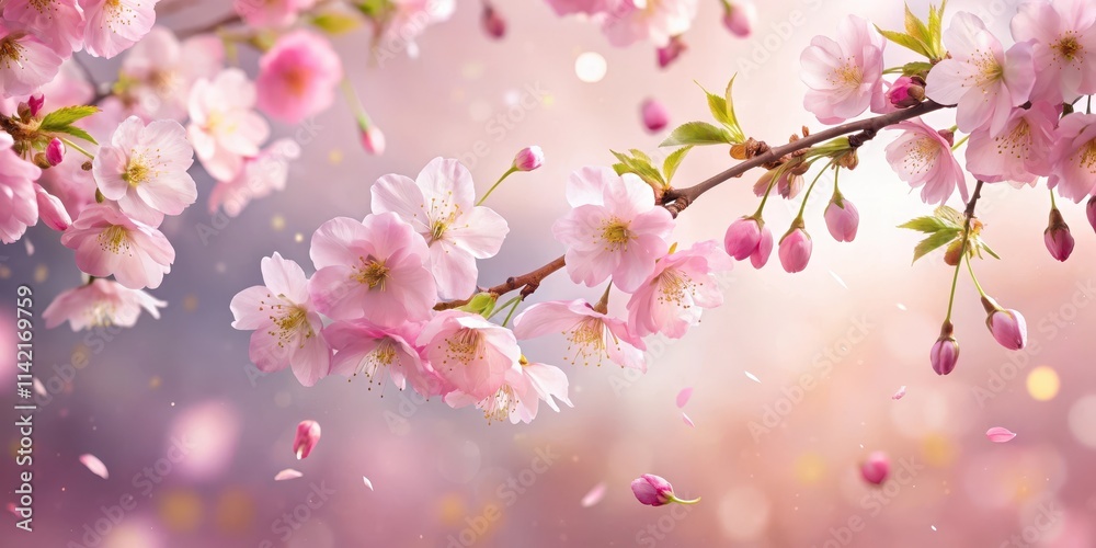Delicate pink sakura petals falling from a blooming cherry blossom tree against a soft, gradient background with gentle sunlight filtering through leaves, springtime scene, cherry blossoms Delicate pink sakura petals falling from a blooming cherry blossom tree against a soft, gradient background with gentle sunlight filtering through leaves, springtime scene, cherry blossoms