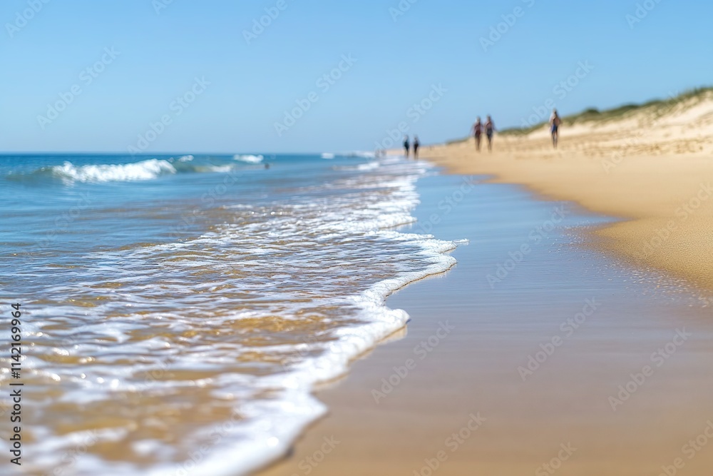 Fototapeta premium Sunny beach scene with soft waves and distant people walking