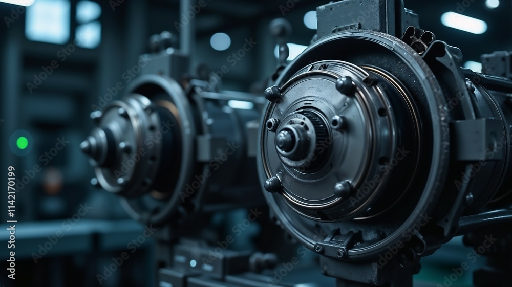 Close-up view of industrial machinery showcasing intricate mechanical details in a workshop Close-up view of industrial machinery showcasing intricate mechanical details in a workshop