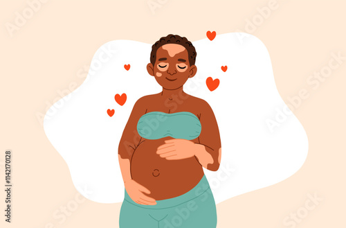 Pregnancy. Pregnant african black skin woman with vitiligo touching her belly. Motherhood. Happy Mother's Day. Pretty women with tummy. Hand drawn flat cartoon vector illustration