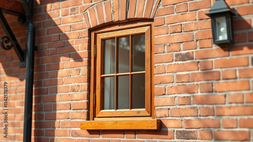 Red House Window Wooden Frame AI Photo - Bright Exterior Red House Window Wooden Frame AI Photo - Bright Exterior